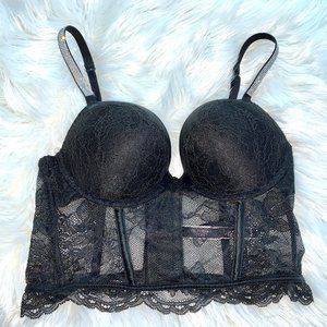 32B VS Black Lace Bombshell Adds 2 Cup‎ Bra Top Crop Corset Shiny Strap